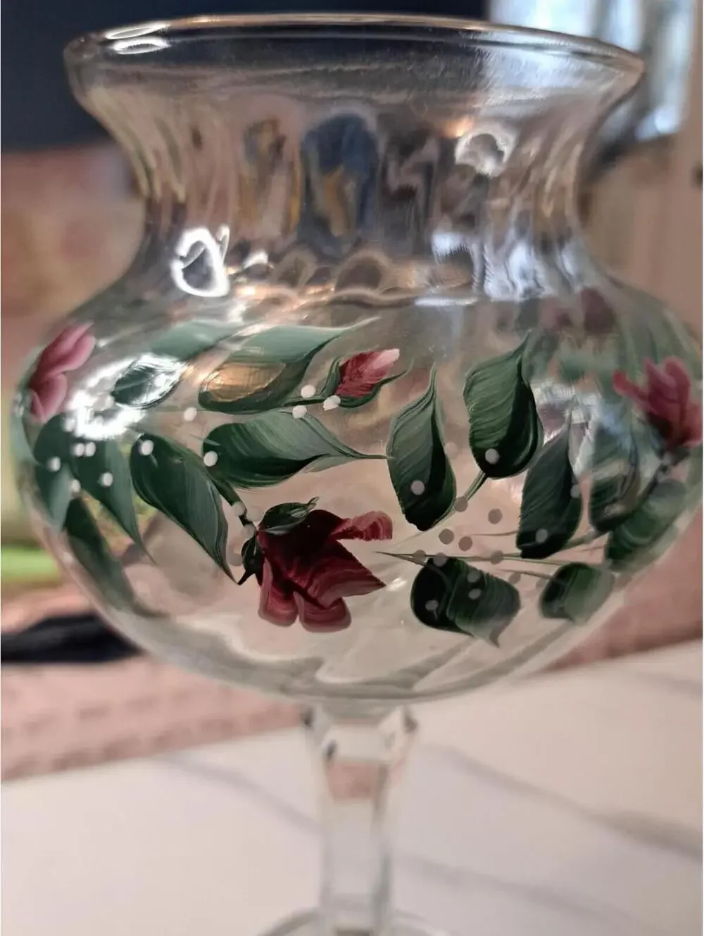 Vintage Hand-painted Pedestal Glass Hurricane Votive Lamp with Rosebuds-10